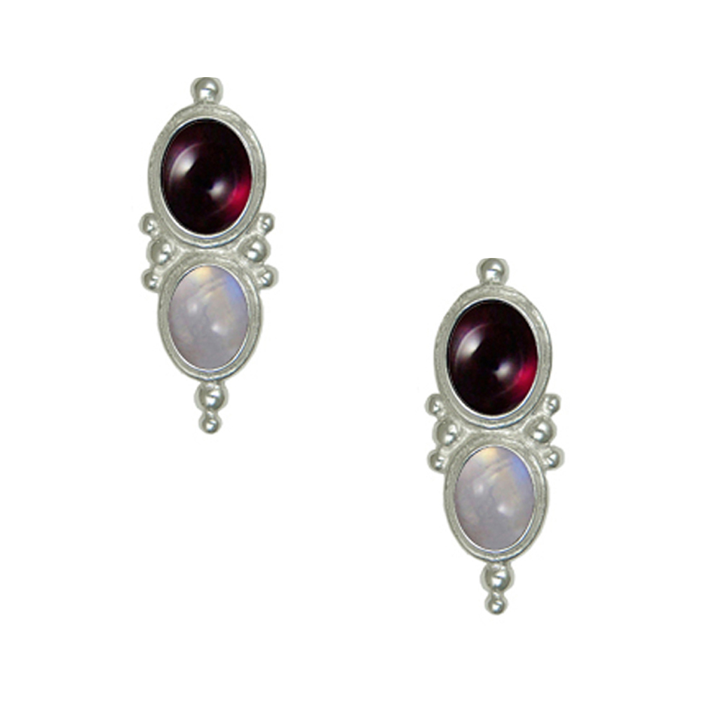 Sterling Silver Drop Dangle Earrings With Garnet And Rainbow Moonstone